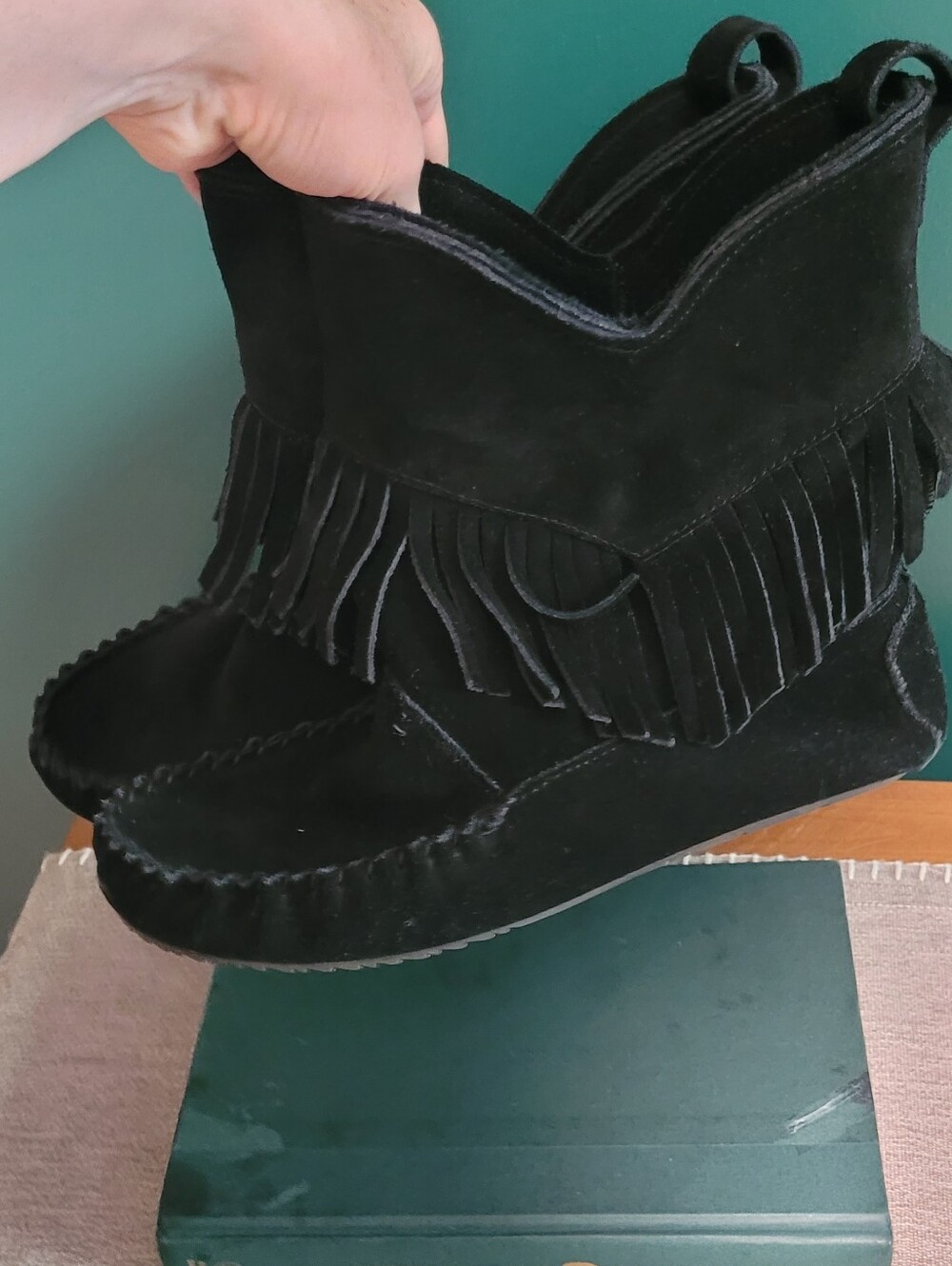 Women's Black Suede Fringe Moccasin Boots